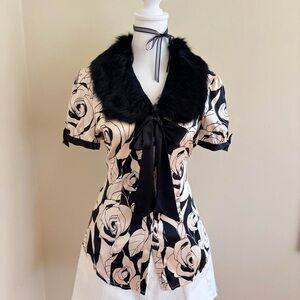 Vintage Y2K Bebe silk fur collar floral rose satin bow blouse pink black fairy M